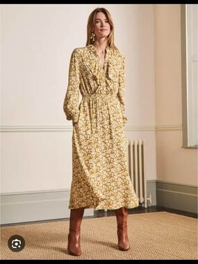 Boden Yellow Floral Ruffle-Front Midi Dress - Size 16/18